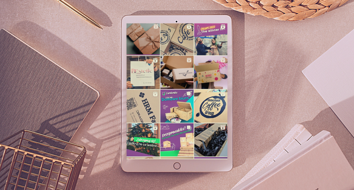 Feed instagrama na urządzeniu mobilnym estetyczne opakowania kartony