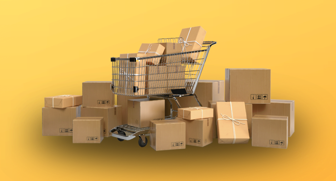 brązowe kartony na wózku zakupowym - zakup kartonów