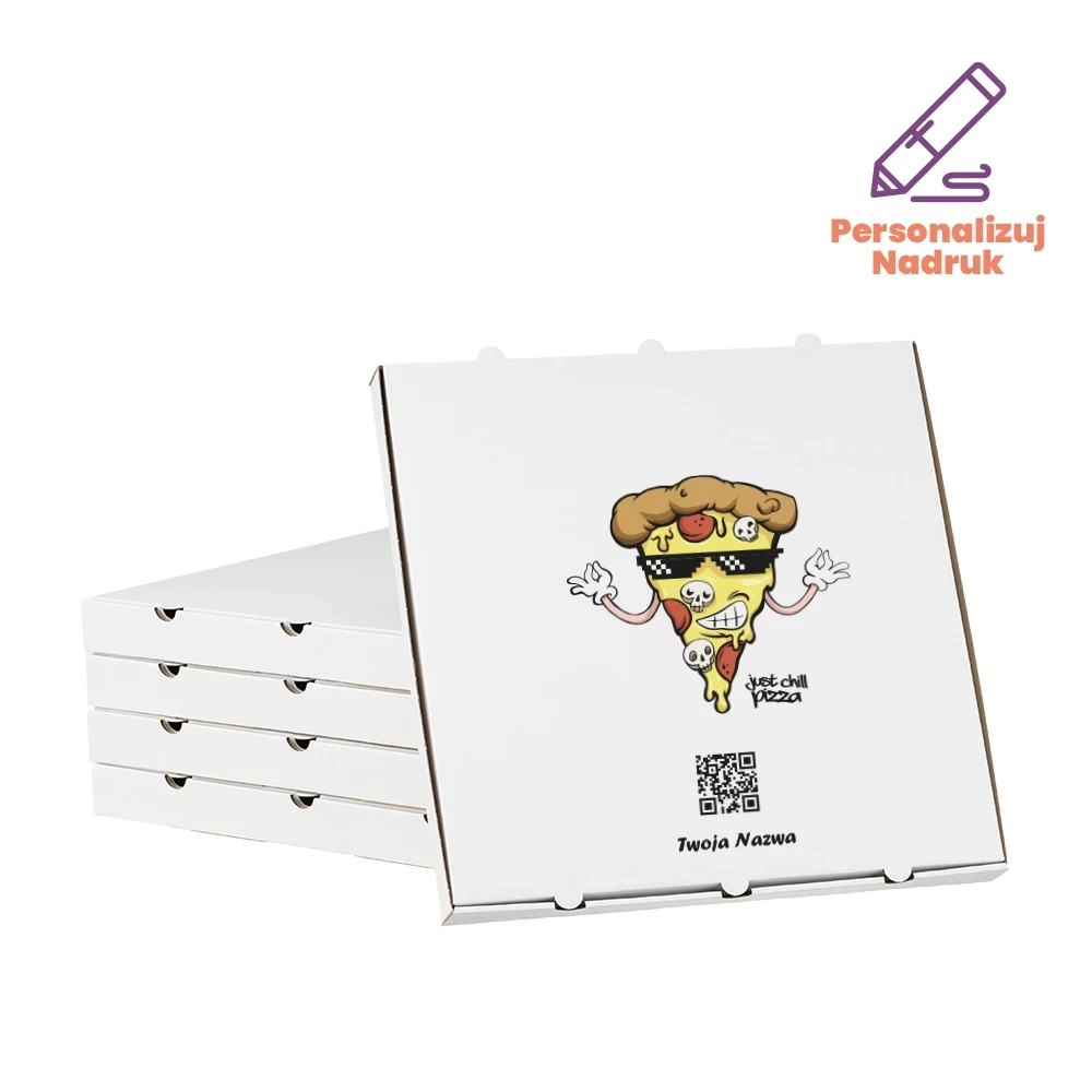 Karton na pizzę 40 cm prosty biały z personalizowanym kodem QR “Chill pizza”