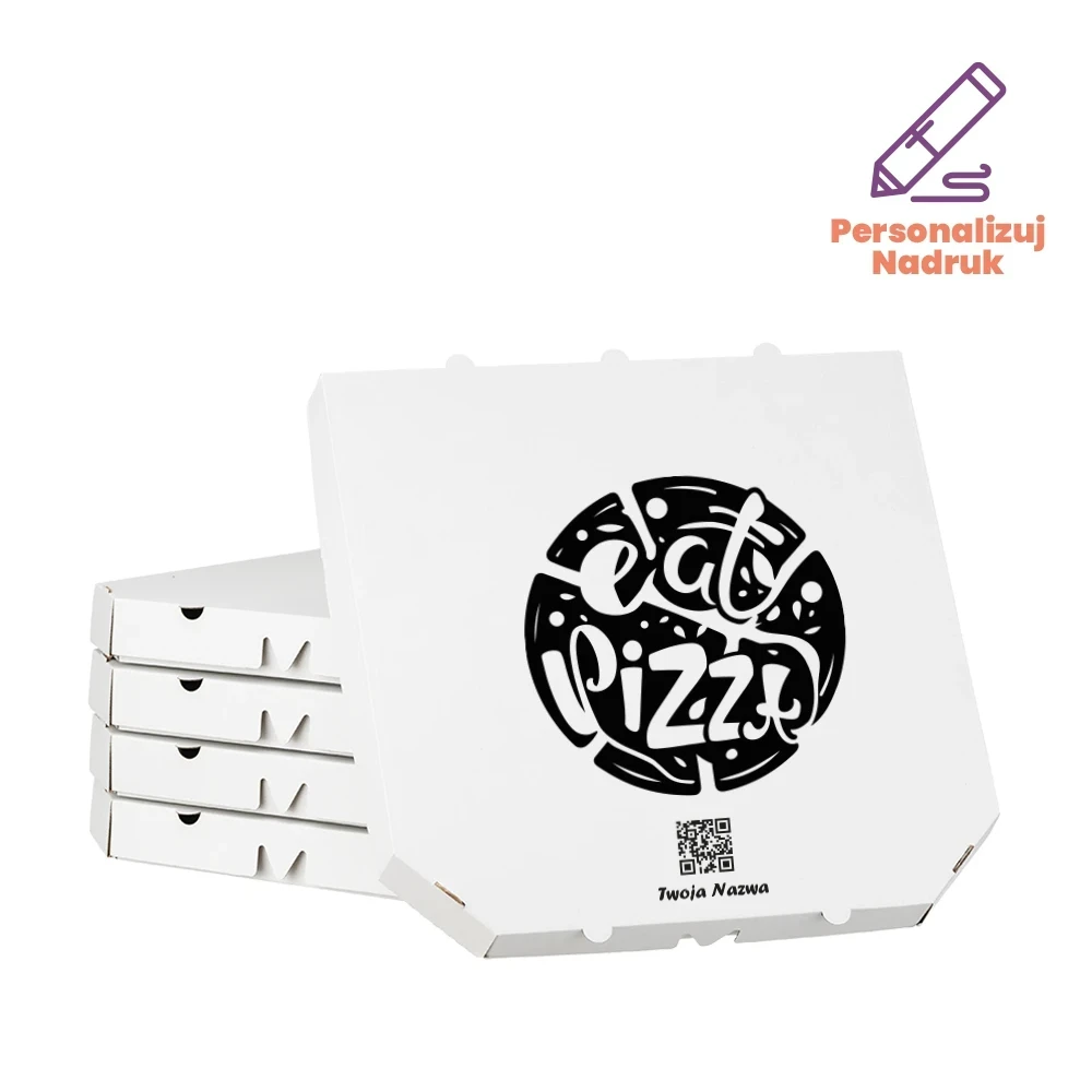 Karton na pizzę 42 cm ścięty biały z personalizowanym kodem QR “Eat pizza”