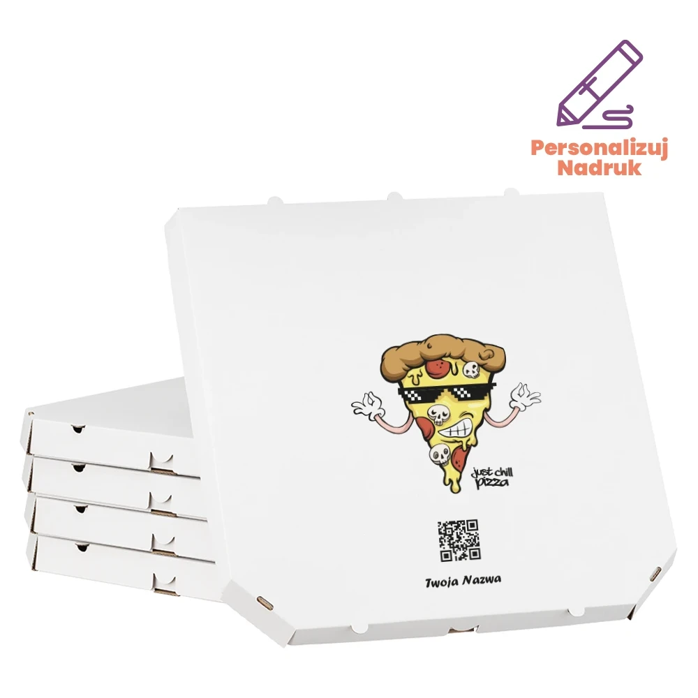Karton na pizzę 60 cm ścięty biały z personalizowanym kodem QR “Chill pizza”