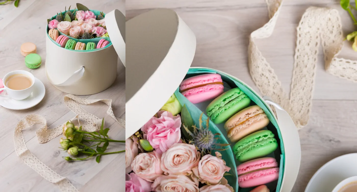 flower box z różami i makaronikami